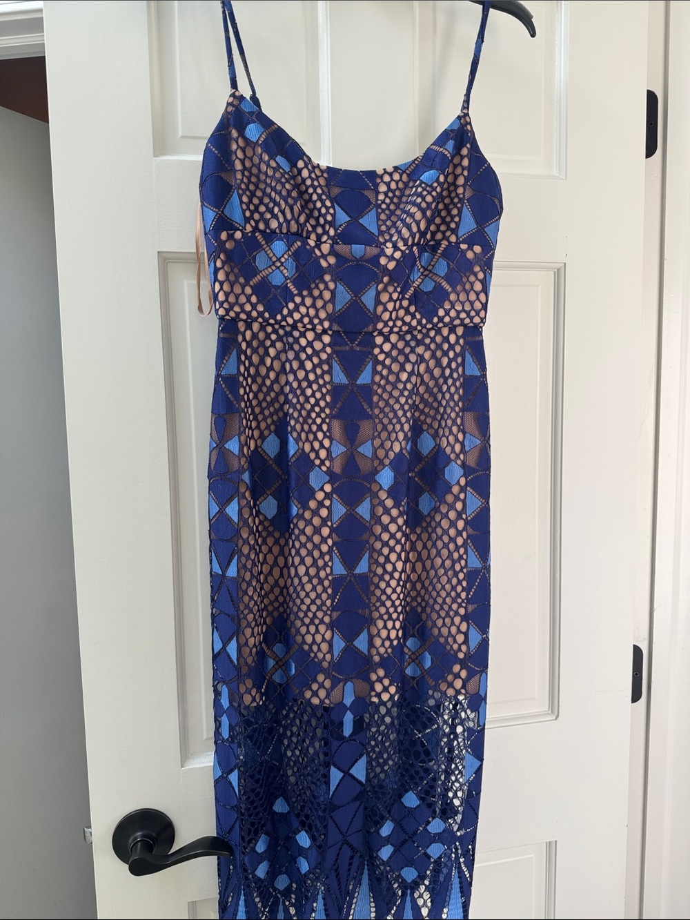 BCBGMaxAzria Navy and Light Blue Geometric Lace Maxi Dress